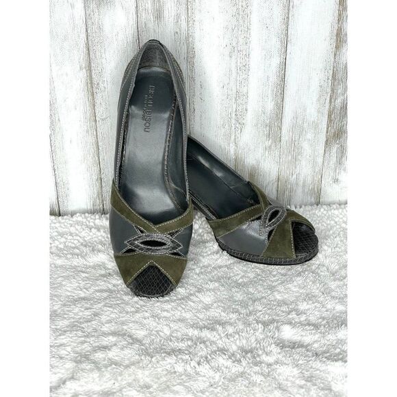 Bisou Bisou Michele Bohbot Gray & Green Suede Peep Toe Heels Size 6 - Picture 1 of 8